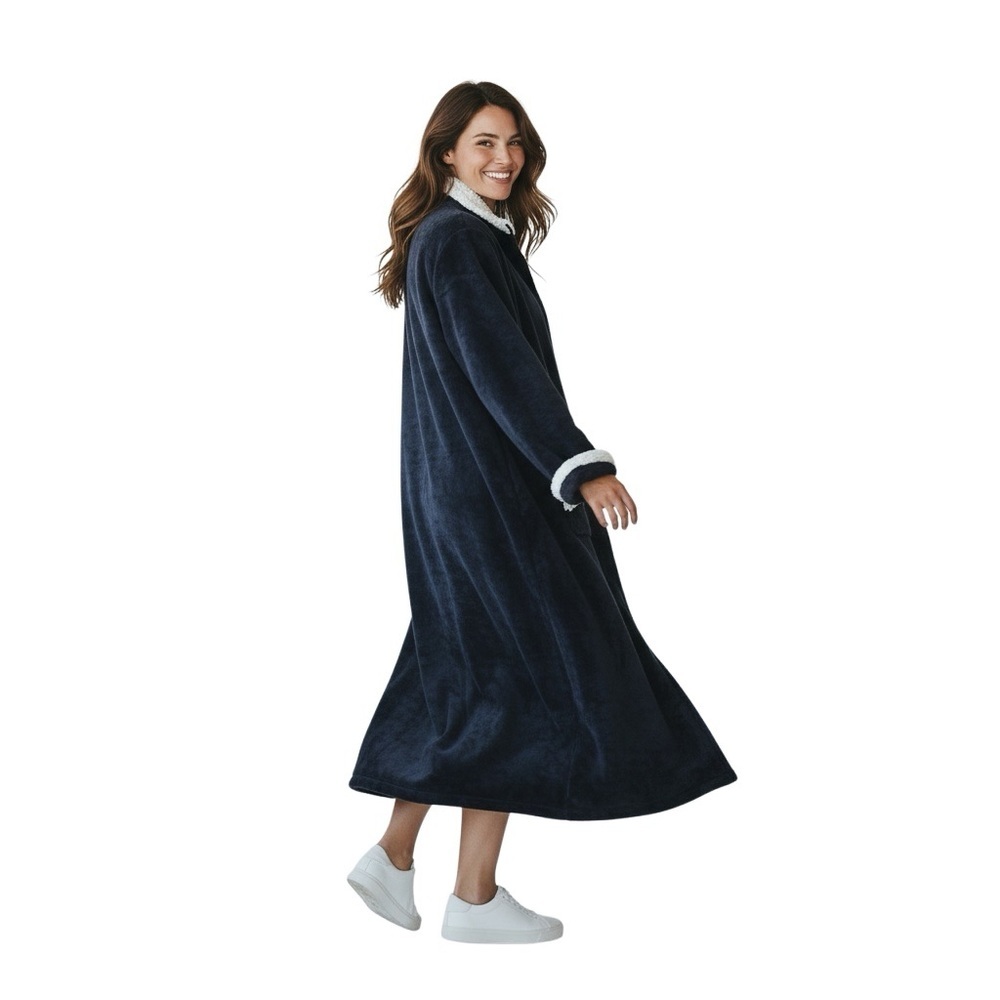 MISS ELAINE Plush Black Maxi Fleece Robe Full Front Zip White Rope Trim Size XL - Picture 3 of 13